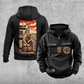 Trucker Workday Portrait Vintage Hoodie in Black, front and back views with CUSTOM NAME and SINCE 2000 chest samples, truck-and-steering-wheel chest emblems, and a tall kneeling-trucker road scene on the back.
