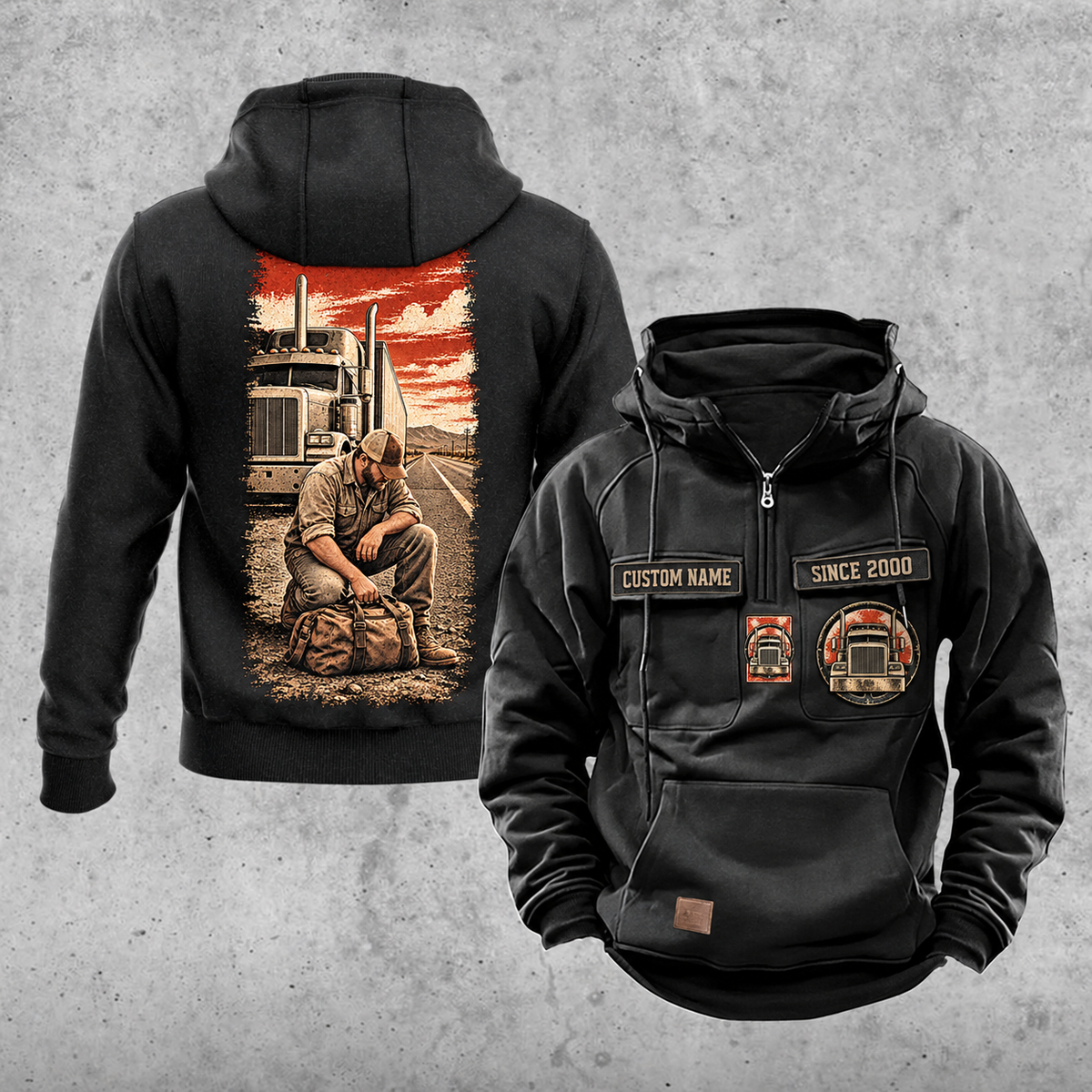 Trucker Workday Portrait Vintage Hoodie in Black, front and back views with CUSTOM NAME and SINCE 2000 chest samples, truck-and-steering-wheel chest emblems, and a tall kneeling-trucker road scene on the back.