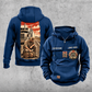 Trucker Workday Portrait Vintage Hoodie in Dark Blue, front and back views with CUSTOM NAME and SINCE 2000 chest samples, truck-and-steering-wheel chest emblems, and a tall kneeling-trucker road scene on the back.