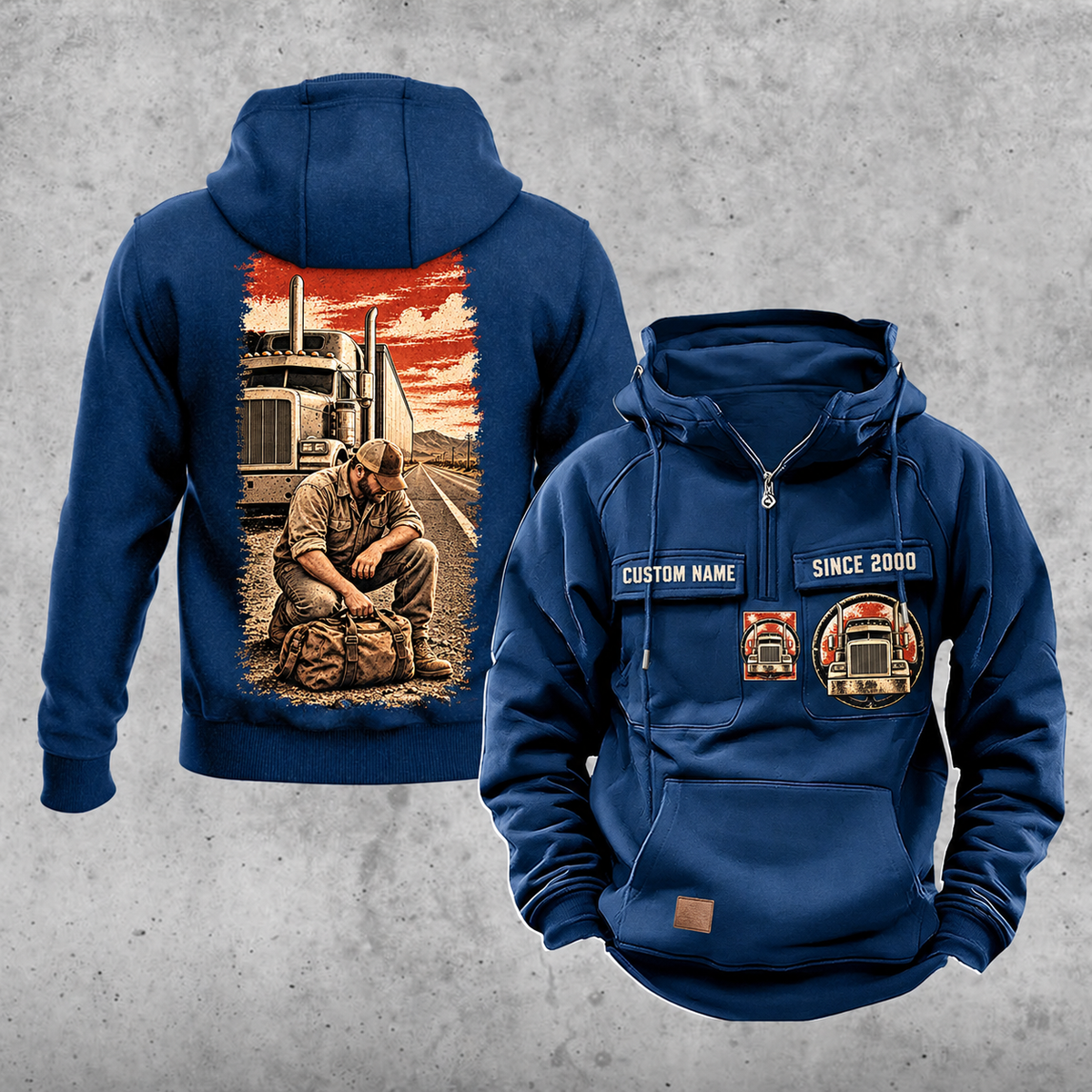 Trucker Workday Portrait Vintage Hoodie in Dark Blue, front and back views with CUSTOM NAME and SINCE 2000 chest samples, truck-and-steering-wheel chest emblems, and a tall kneeling-trucker road scene on the back.