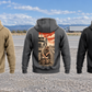 Five back views of the Trucker Workday Portrait Vintage Hoodie in Military Green, Kaki, Dark Gray, Black and Dark Blue, arranged separately across an open-road scene with a distant parked unbranded truck.