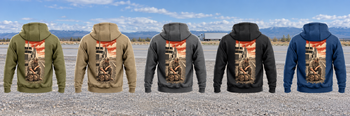 Five back views of the Trucker Workday Portrait Vintage Hoodie in Military Green, Kaki, Dark Gray, Black and Dark Blue, arranged separately across an open-road scene with a distant parked unbranded truck.