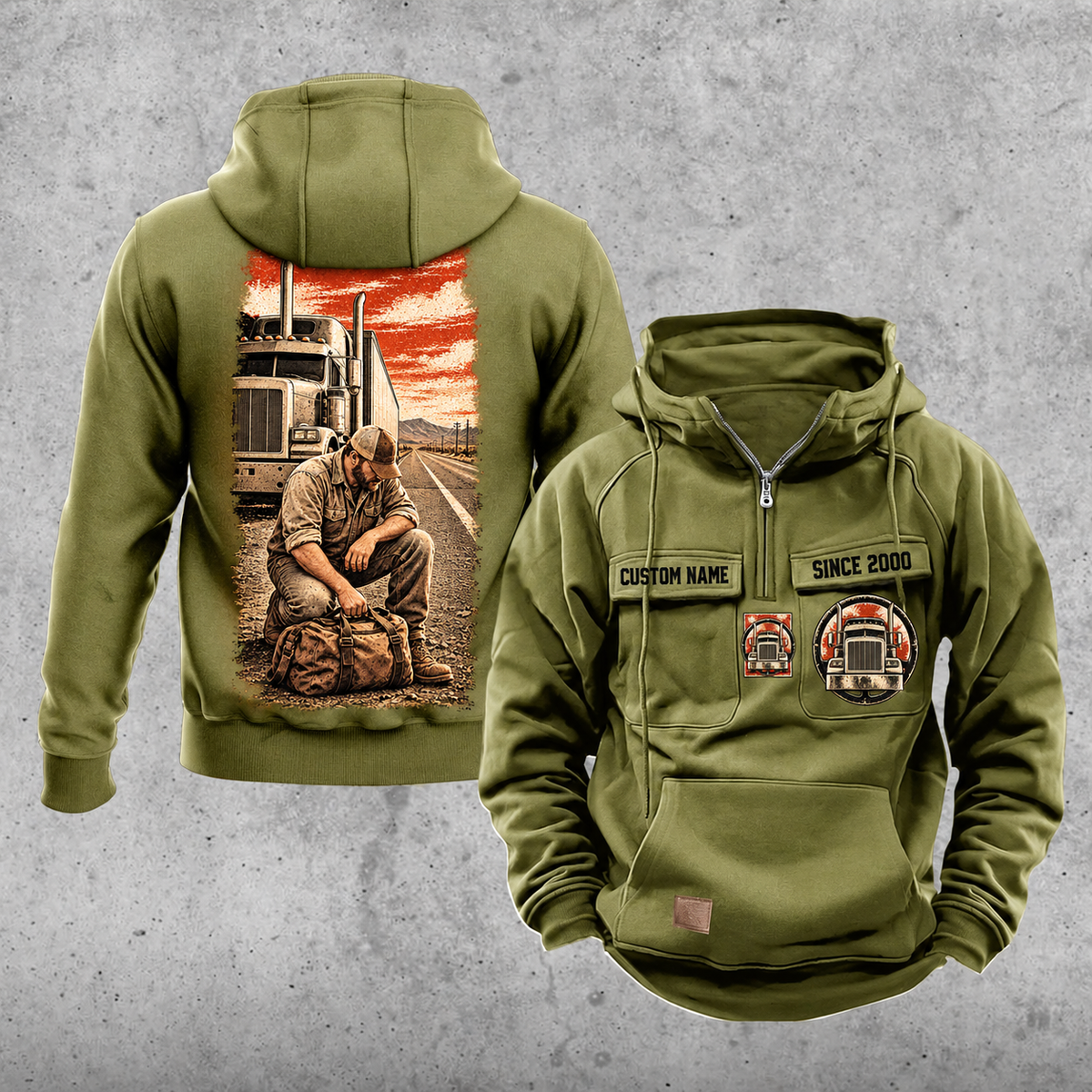 Trucker Workday Portrait Vintage Hoodie in Military Green, front and back views with CUSTOM NAME and SINCE 2000 chest samples, truck-and-steering-wheel chest emblems, and a tall kneeling-trucker road scene on the back.
