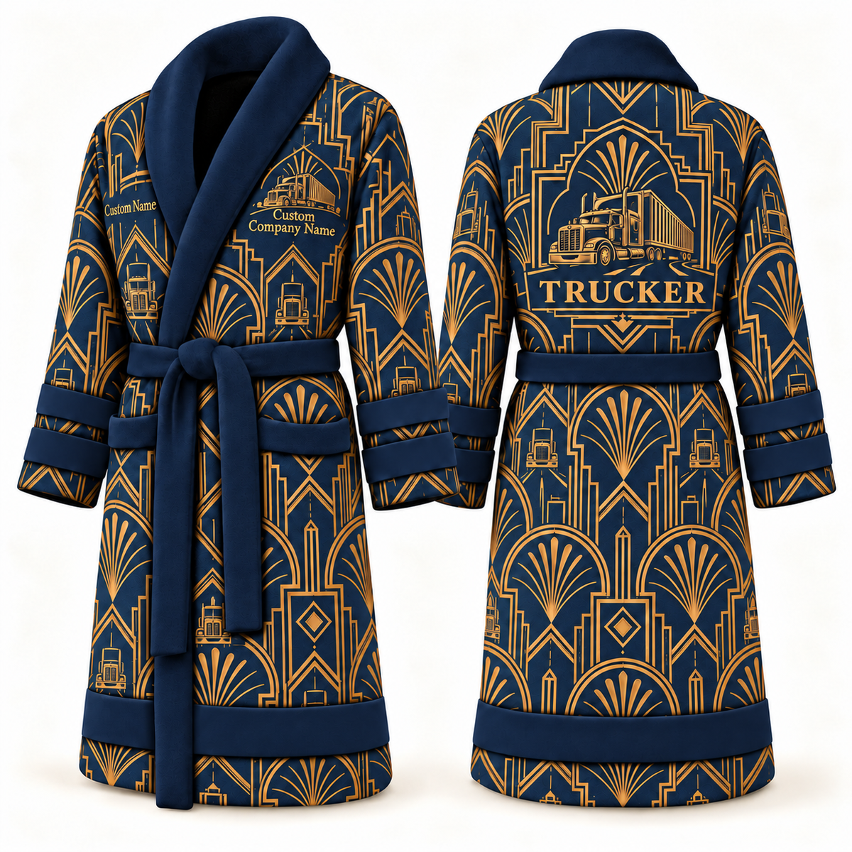 Personalized Trucker Bathrobe - Art Deco Craft blue front and back view