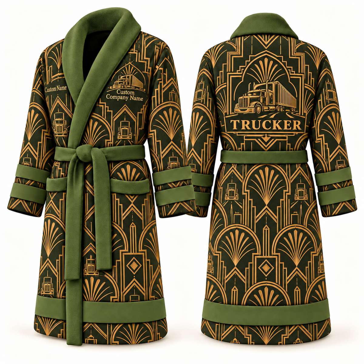 Personalized Trucker Bathrobe - Art Deco Craft olive front and back view
