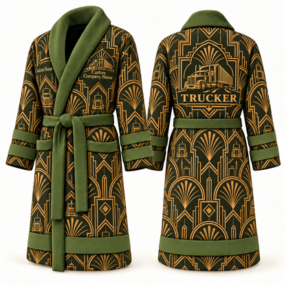 Personalized Trucker Bathrobe - Art Deco Craft olive front and back view