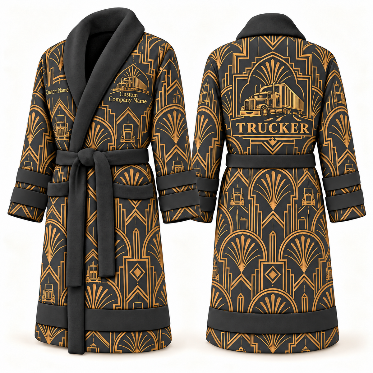 Personalized Trucker Bathrobe - Art Deco Craft slate front and back view