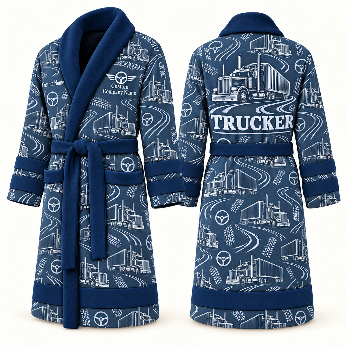 Personalized Trucker Bathrobe blue front and back