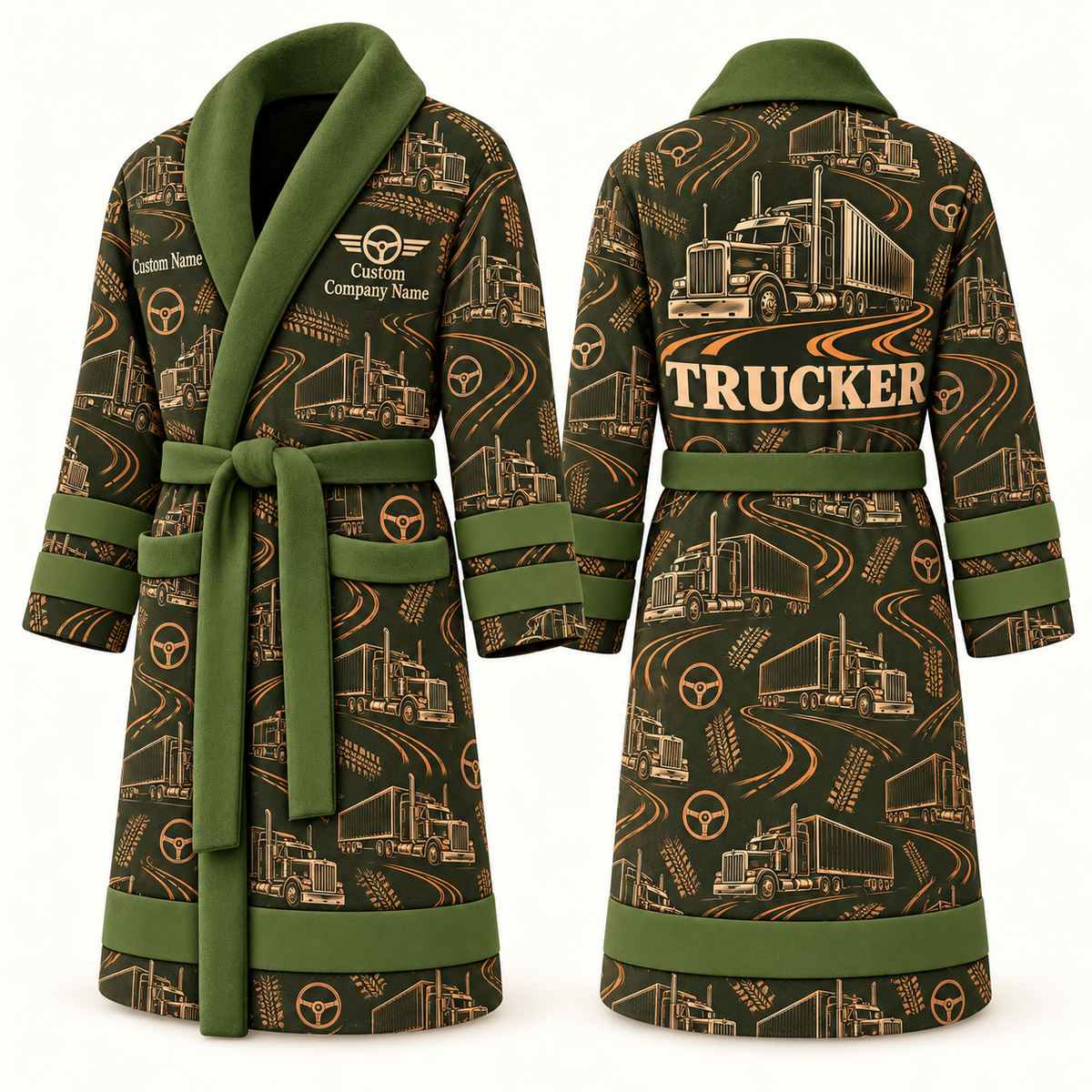 Personalized Trucker Bathrobe olive front and back