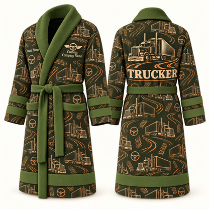 Personalized Trucker Bathrobe olive front and back