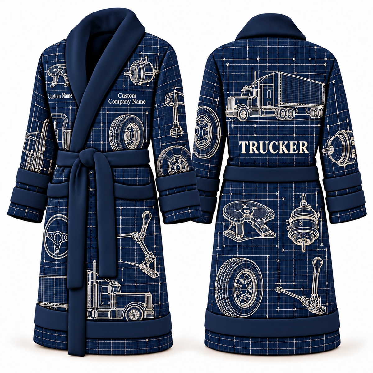 Personalized Trucker Bathrobe - Blueprint Workshop blue front and back view