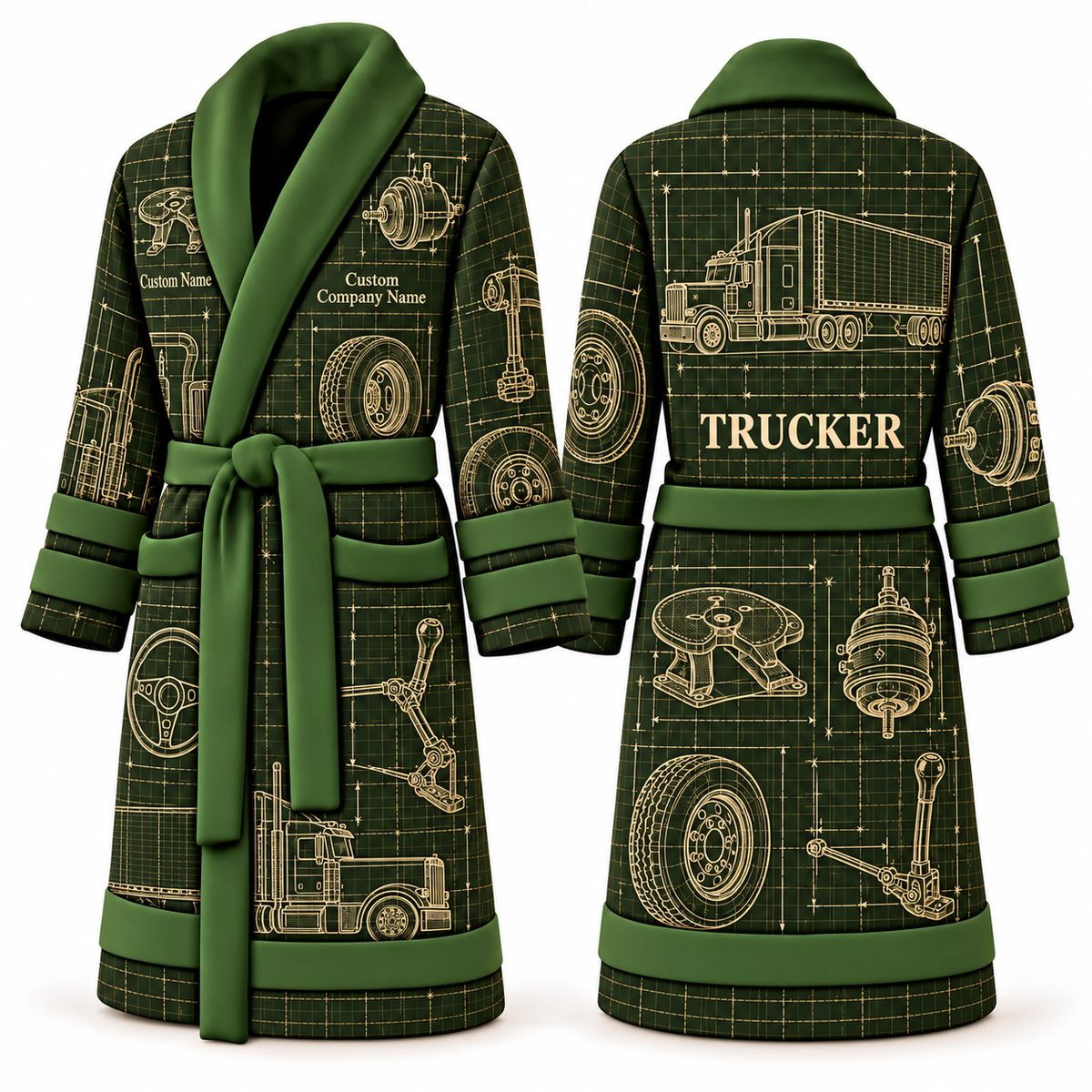 Personalized Trucker Bathrobe - Blueprint Workshop olive front and back view