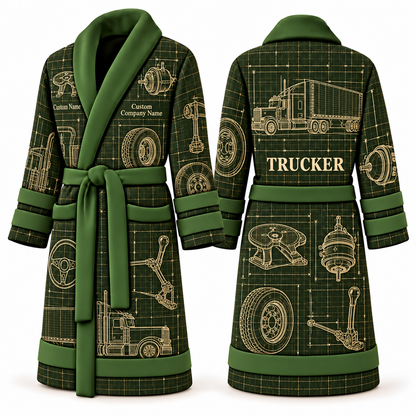 Personalized Trucker Bathrobe - Blueprint Workshop olive front and back view