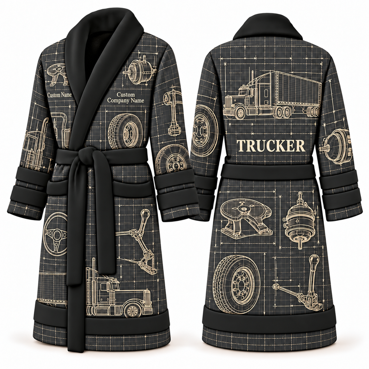 Personalized Trucker Bathrobe - Blueprint Workshop slate front and back view