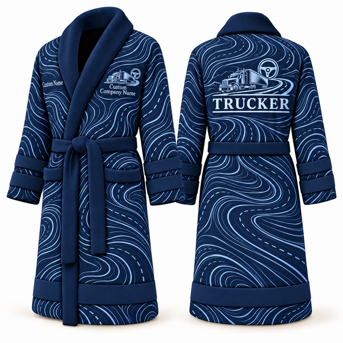 Personalized Trucker Bathrobe - Contour Lines blue front and back view