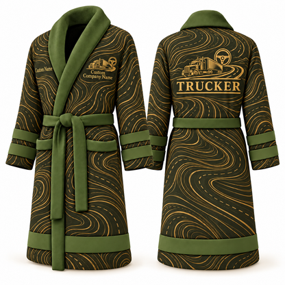 Personalized Trucker Bathrobe - Contour Lines olive front and back view