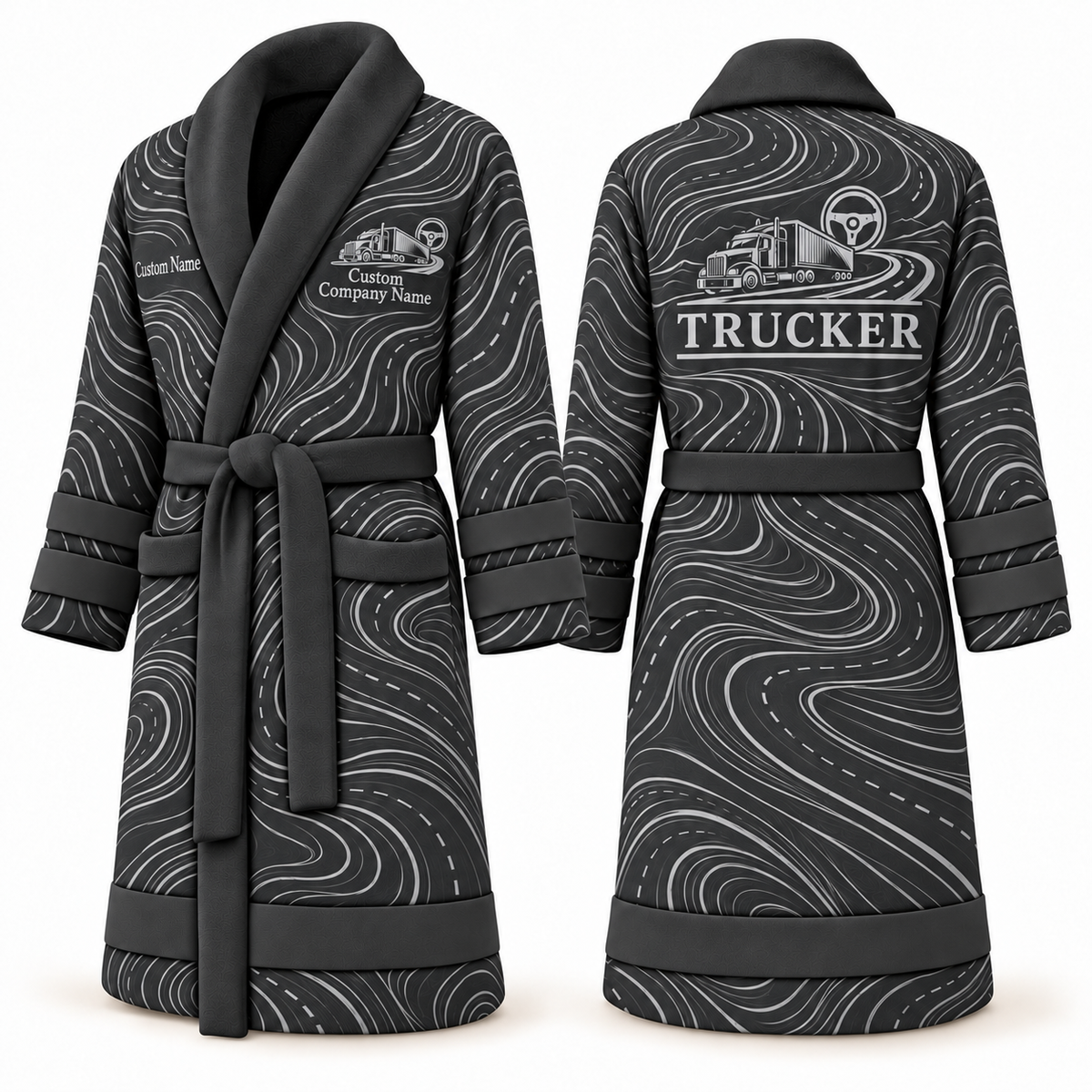 Personalized Trucker Bathrobe - Contour Lines slate front and back view