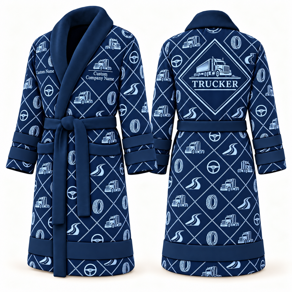 Personalized Trucker Bathrobe - Diamond Emblems blue front and back view