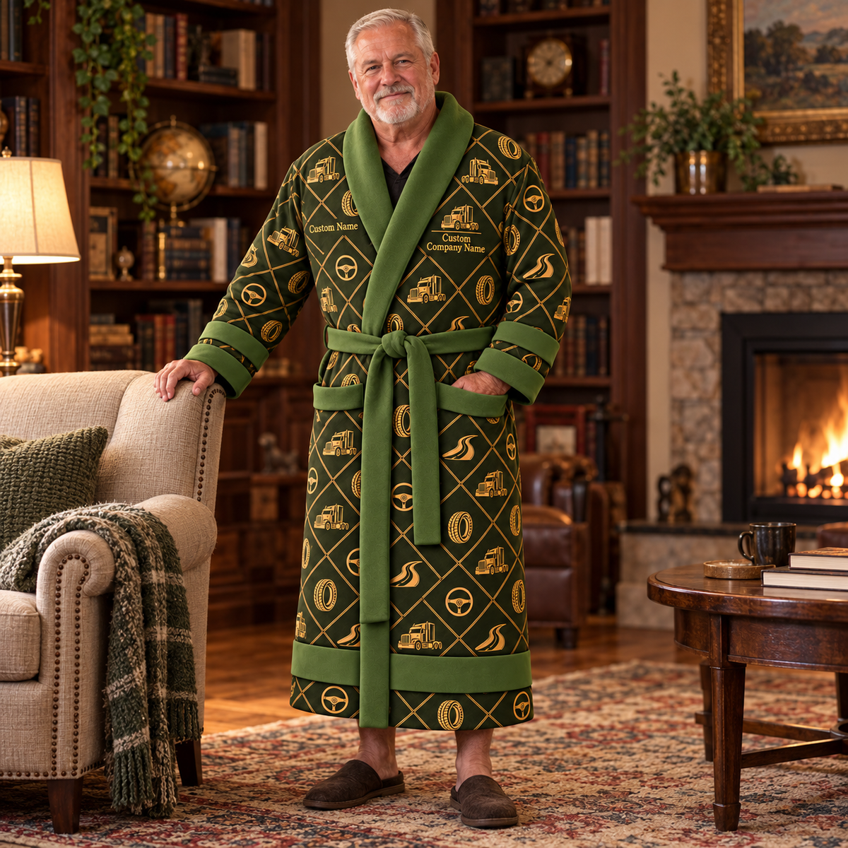 Personalized Trucker Bathrobe - Diamond Emblems lifestyle view