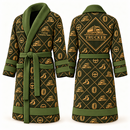 Personalized Trucker Bathrobe - Diamond Emblems olive front and back view