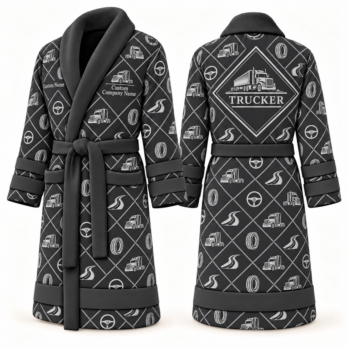 Personalized Trucker Bathrobe - Diamond Emblems slate front and back view