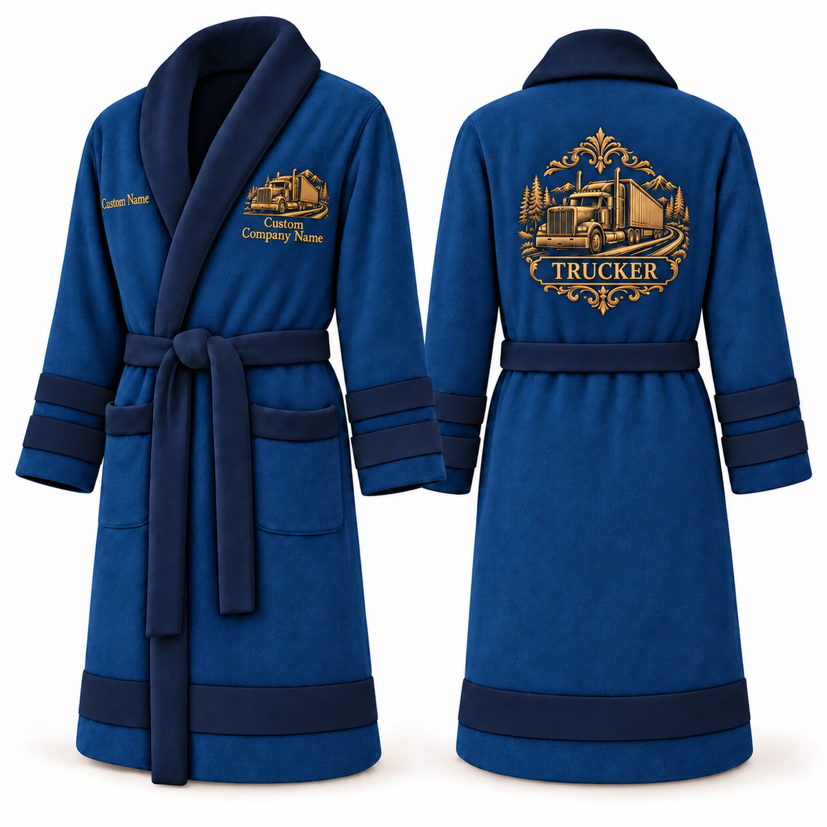 Personalized Trucker Bathrobe - Heritage Crest blue front and back view