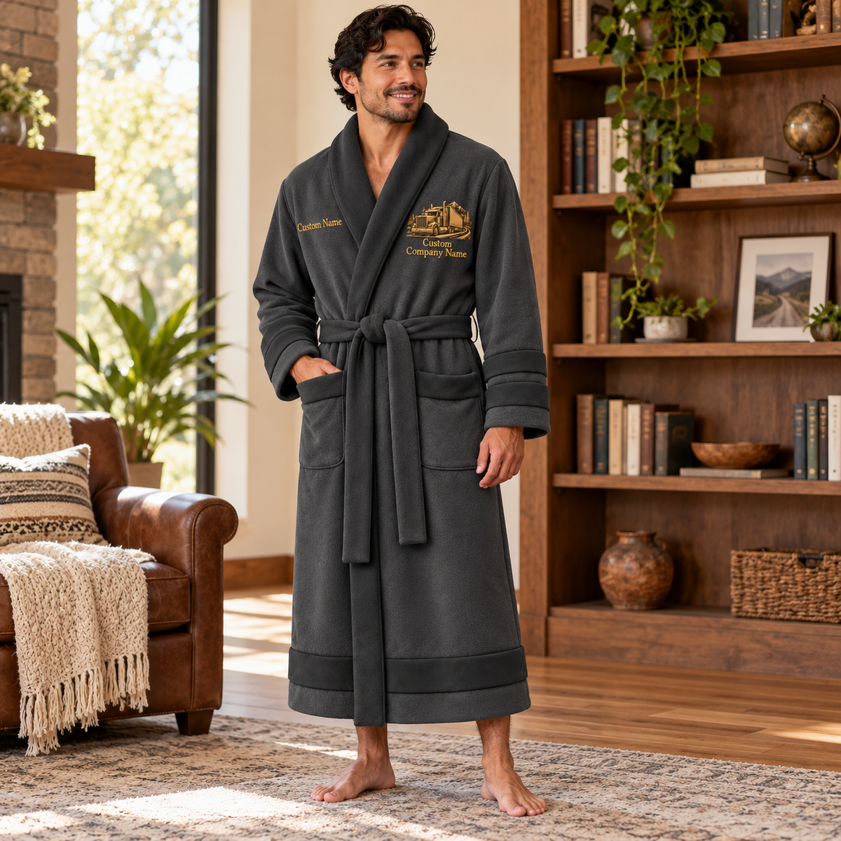 Personalized Trucker Bathrobe - Heritage Crest lifestyle view