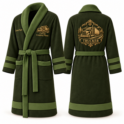 Personalized Trucker Bathrobe - Heritage Crest olive front and back view