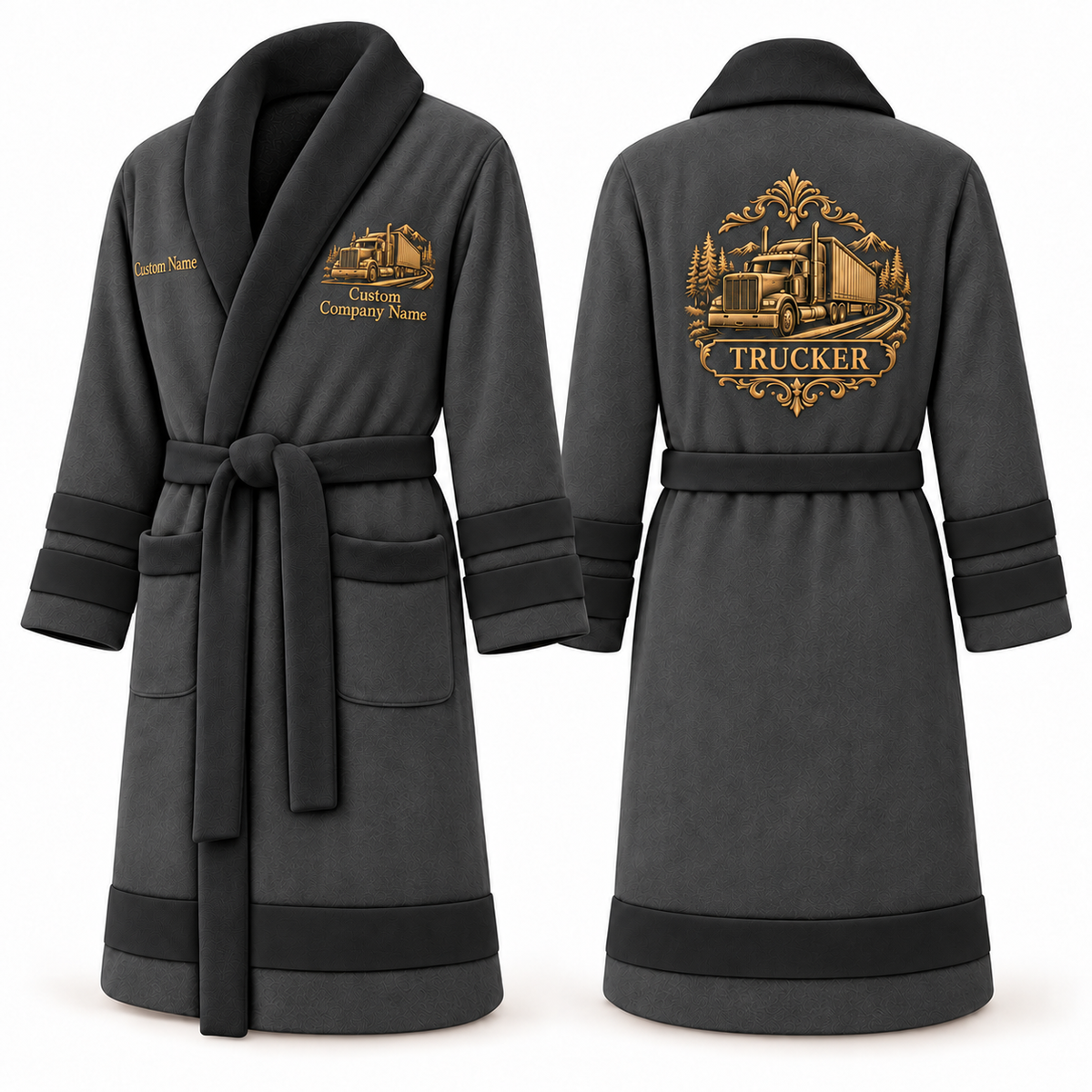 Personalized Trucker Bathrobe - Heritage Crest slate front and back view