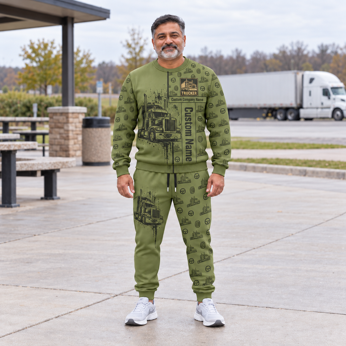 trucker occupation-themed sweater and jogger combo on a model with name and company artwork