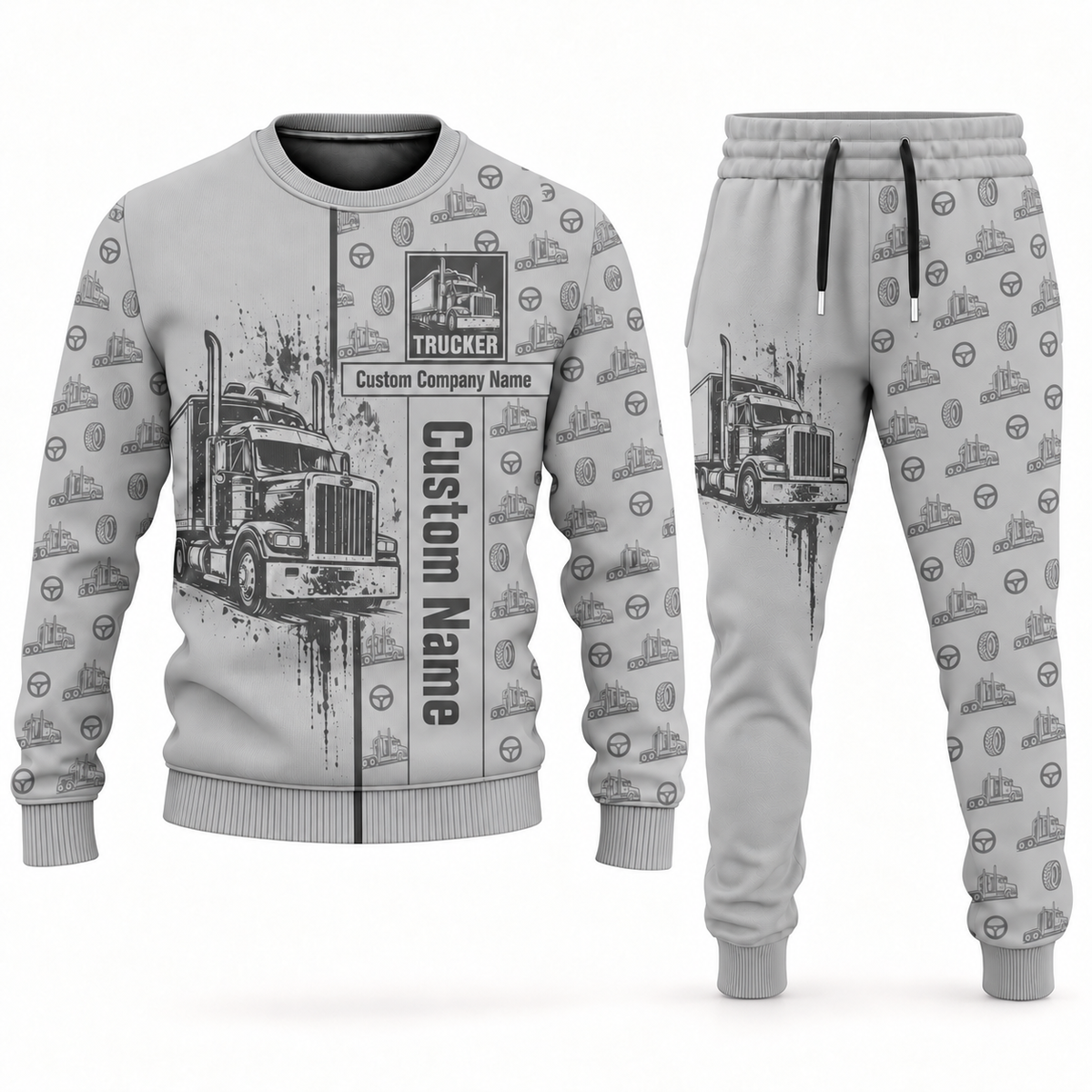 trucker occupation-themed sweater and jogger combo lightgray color with name and company artwork