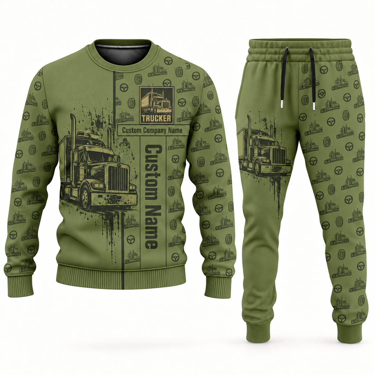 trucker occupation-themed sweater and jogger combo olive color with name and company artwork