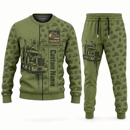 trucker occupation-themed sweater and jogger combo olive color with name and company artwork