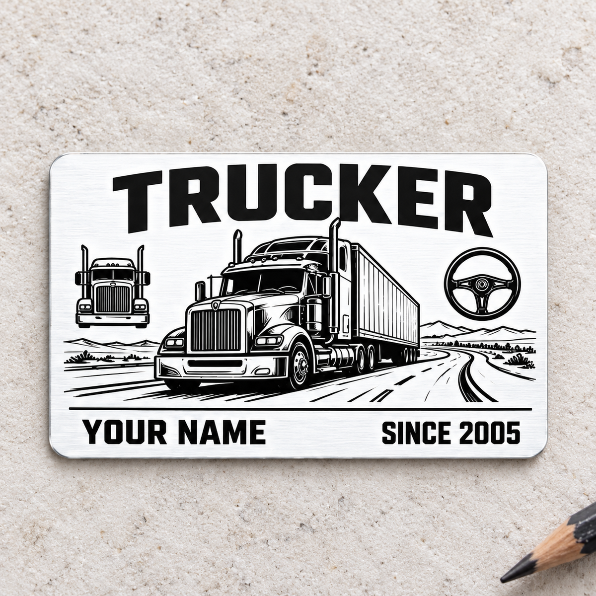 Trucker aluminum wallet card, monochrome front design on pale stone