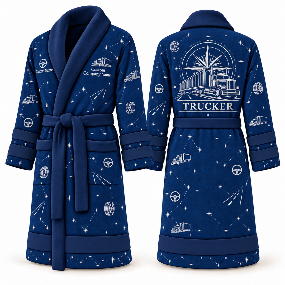 Personalized Trucker Bathrobe - Night Shift blue front and back view
