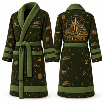 Personalized Trucker Bathrobe - Night Shift olive front and back view