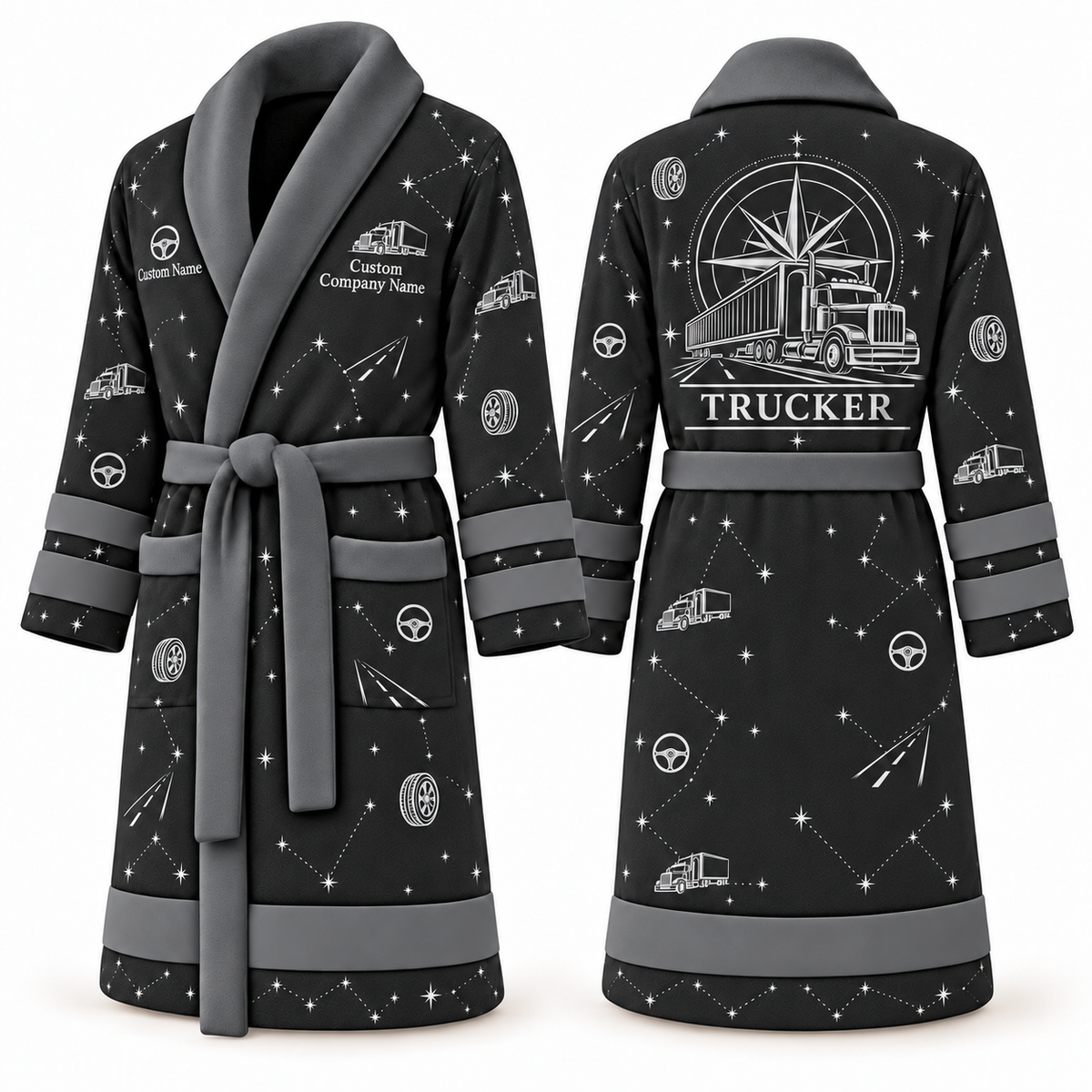 Personalized Trucker Bathrobe - Night Shift slate front and back view