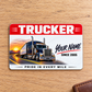 Trucker aluminum wallet card, red header front design on pale oak