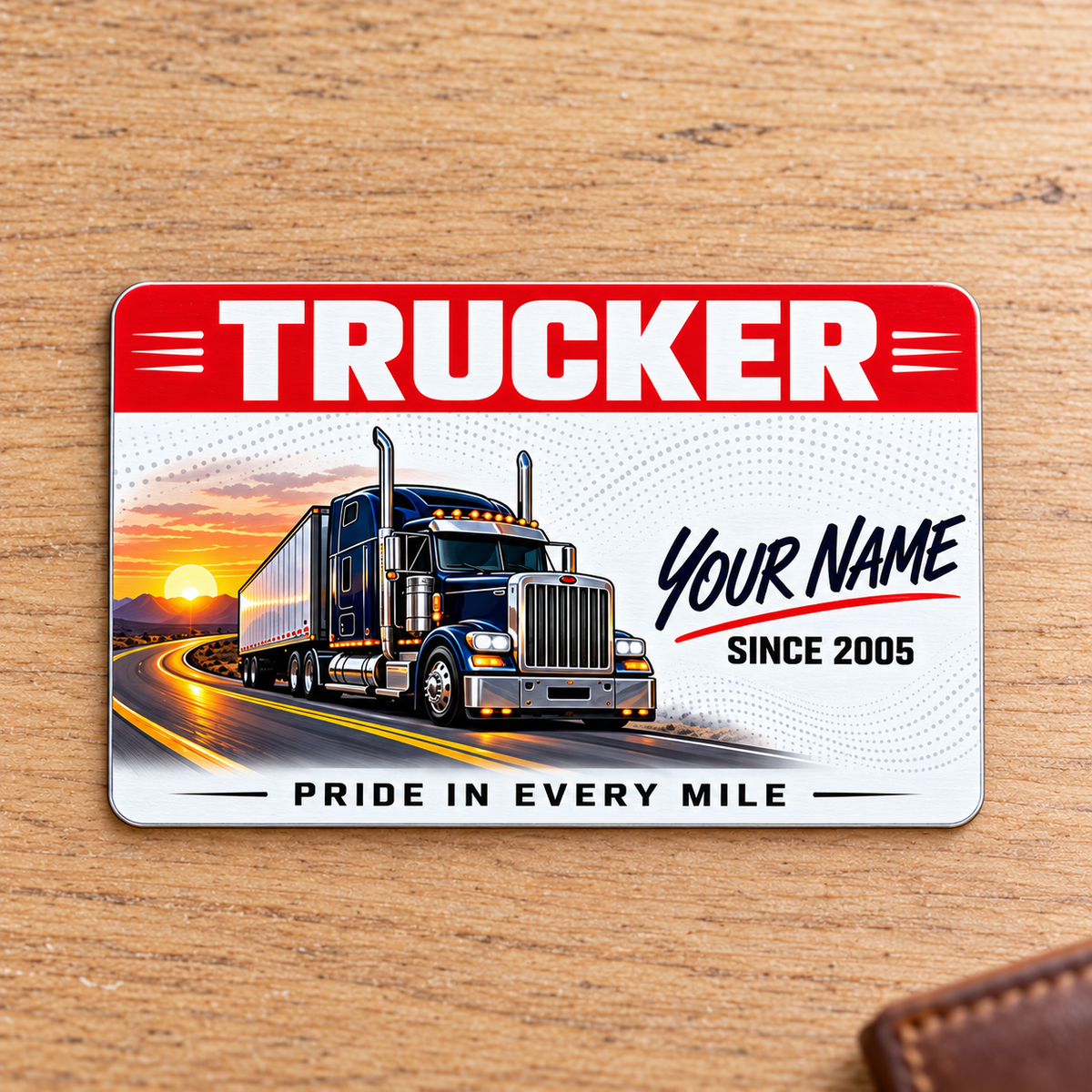 Trucker aluminum wallet card, red header front design on pale oak