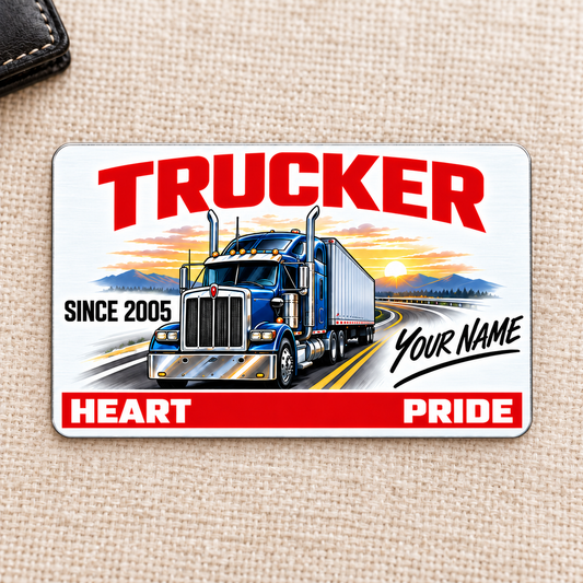 Trucker aluminum wallet card, signature classic front design on cream fabric