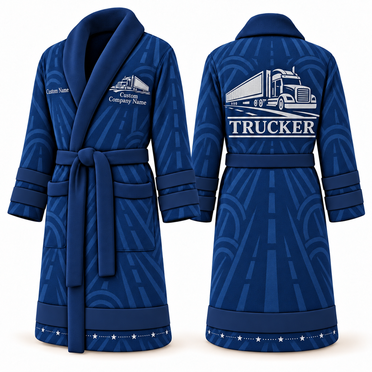 Personalized Trucker Bathrobe - Signature Silhouette blue front and back view