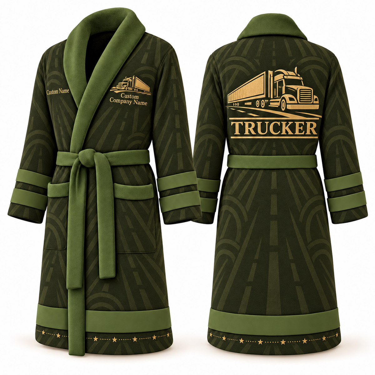 Personalized Trucker Bathrobe - Signature Silhouette olive front and back view