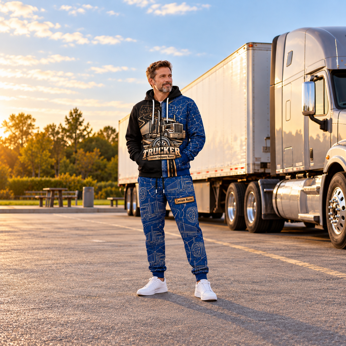 trucker full-zip hoodie and matching joggers - adult male lifestyle