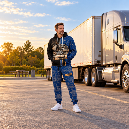 trucker full-zip hoodie and matching joggers - adult male lifestyle
