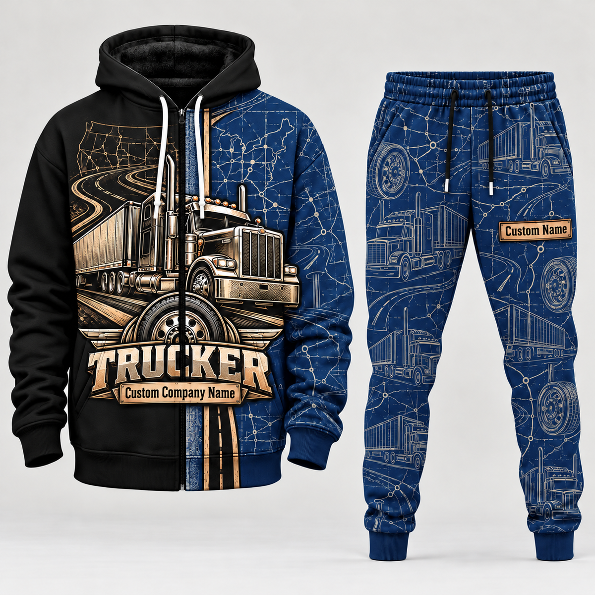 trucker full-zip hoodie and matching joggers - navy catalog view