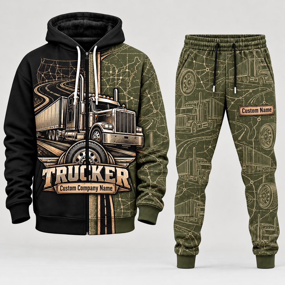 trucker full-zip hoodie and matching joggers - olive catalog view