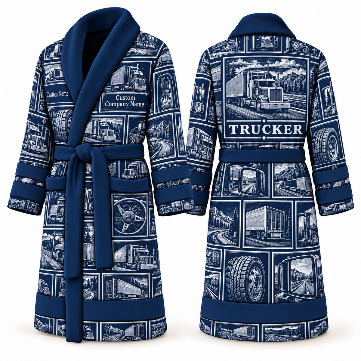 Personalized Trucker Bathrobe - Vintage Patchwork blue front and back view