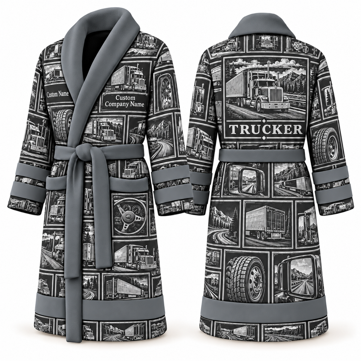 Personalized Trucker Bathrobe - Vintage Patchwork slate front and back view