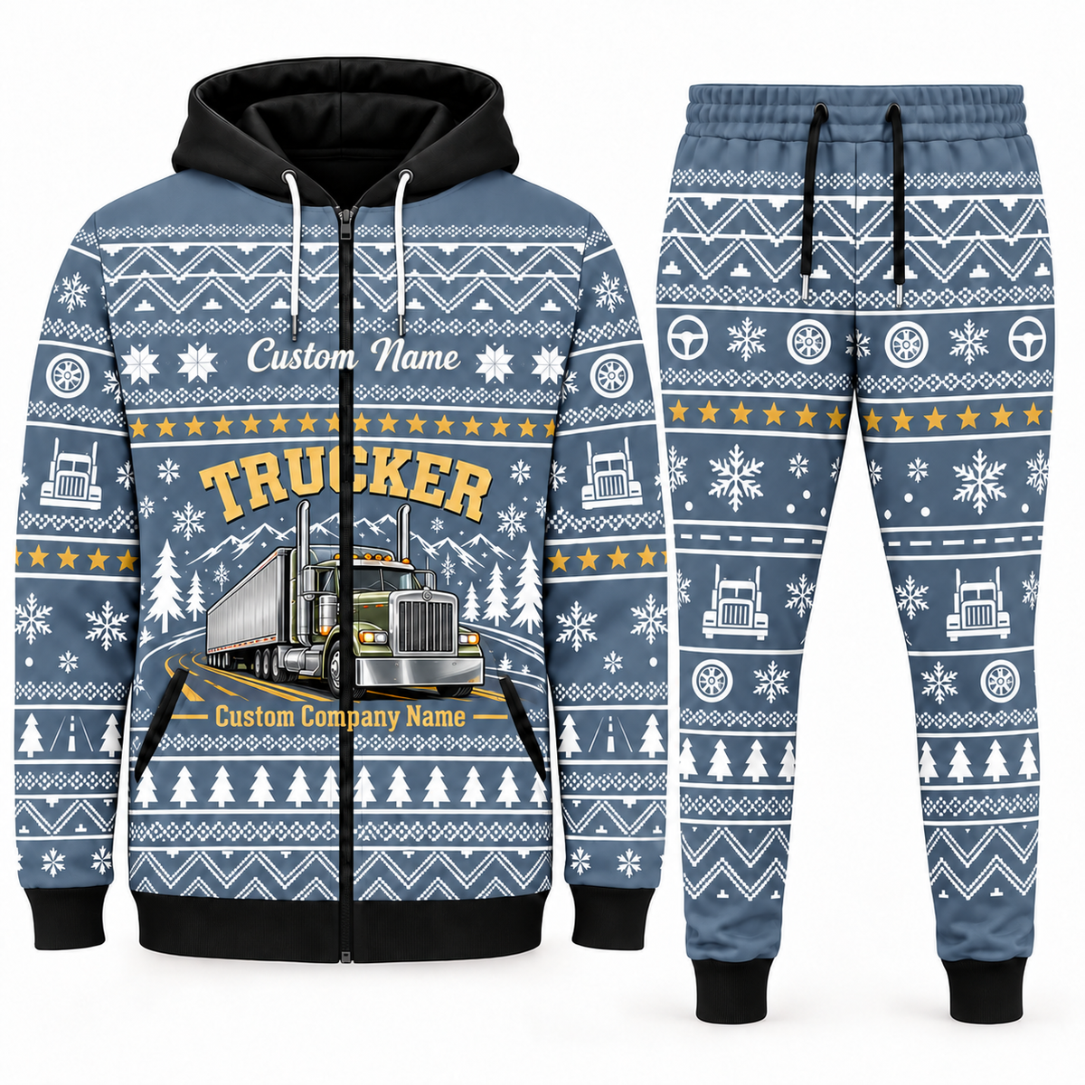 trucker blue-gray Winter Snowflake full-zip hoodie and jogger combo with Custom Name and Custom Company Name
