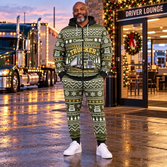 trucker hero Winter Snowflake full-zip hoodie and jogger combo with Custom Name and Custom Company Name